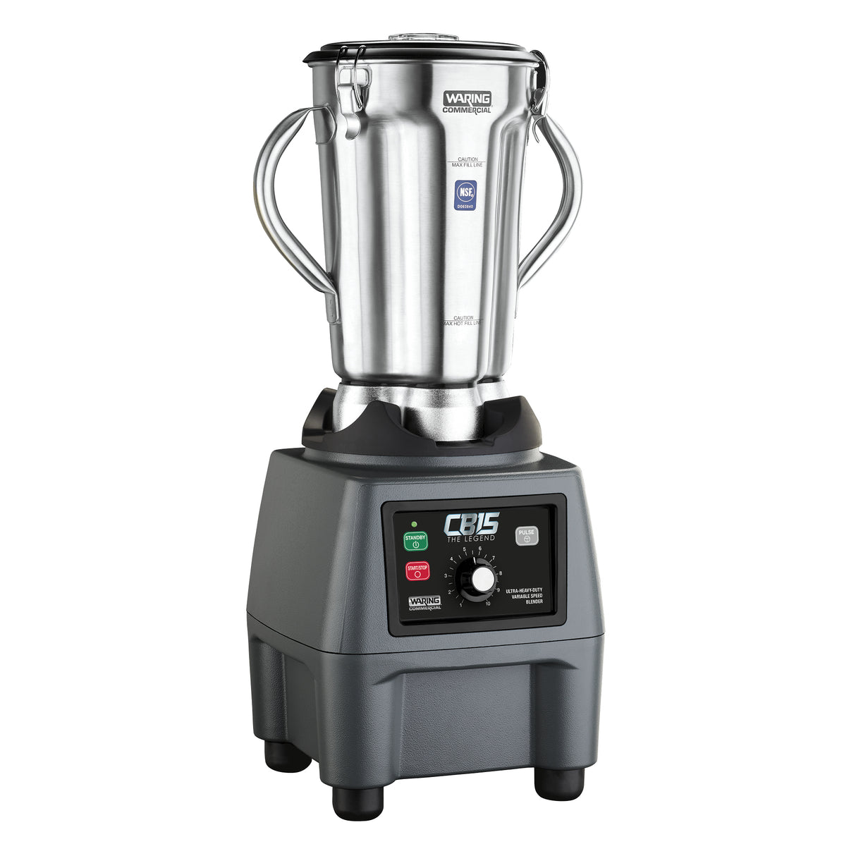 A commercial blender with a stainless steel container and two side handles sits on a sturdy black base. The control panel features a central dial for variable speed control, a digital display, and red and green buttons. The pitcher is labeled Waring Commercial.