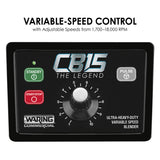 A black control panel for the Waring Commercial CB15 heavy-duty Food Blender features a central variable-speed dial, green standby button, red start/stop button, and a pulse button. Text above reads “VARIABLE-SPEED CONTROL 1,700–18,000 RPM.”.