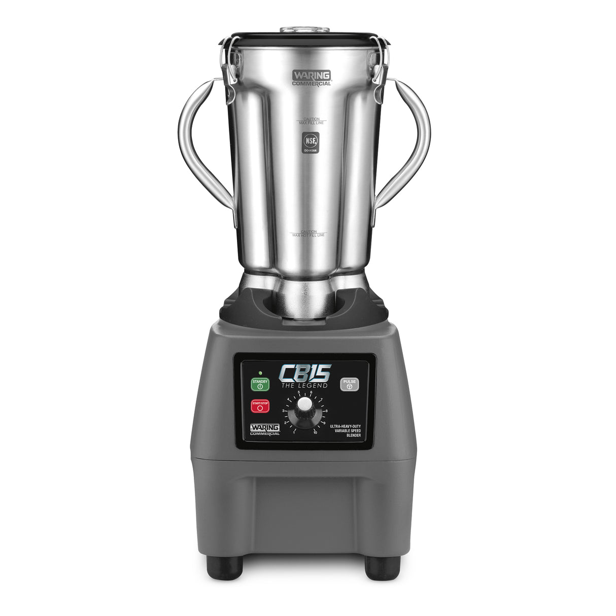 A heavy-duty stainless-steel Food Blender with two side handles sits on a black base. The base features a control panel with green and red buttons, a dial for variable-speed control, and displays “CB15” and “Waring Commercial.”.
