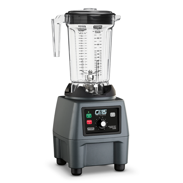A heavy-duty food blender with a clear plastic pitcher marked with measurements, a black handle and lid. The gray base features control buttons, a power switch, and a central dial labeled “CB15.” The blender is shown against a white background.
