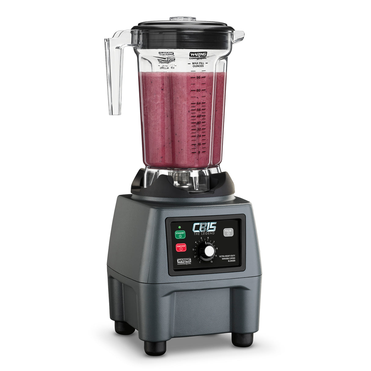 A commercial 1 gallon blender with a clear plastic container filled with thick, pink smoothie. The container has measurement markings and a black lid. The gray base features control buttons, rotary dial, indicator lights, and the CB15 brand label.