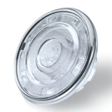 A clear, round Hot Blending Lid with a raised center and notched edges, designed to fit securely on a container. Compatible with Waring CB10B, the transparent lid features small embossed markings and a glossy finish, photographed on white.