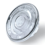 A clear, round Hot Blending Lid with a raised center and notched edges, designed to fit securely on a container. Compatible with Waring CB10B, the transparent lid features small embossed markings and a glossy finish, photographed on white.