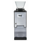 A Waring commercial coffee grinder with a stainless steel front, clear plastic hopper on top, rectangular container below for grounds, and a switch on the left side. Suitable for international use, it features the Waring Commercial brand name centered in front.