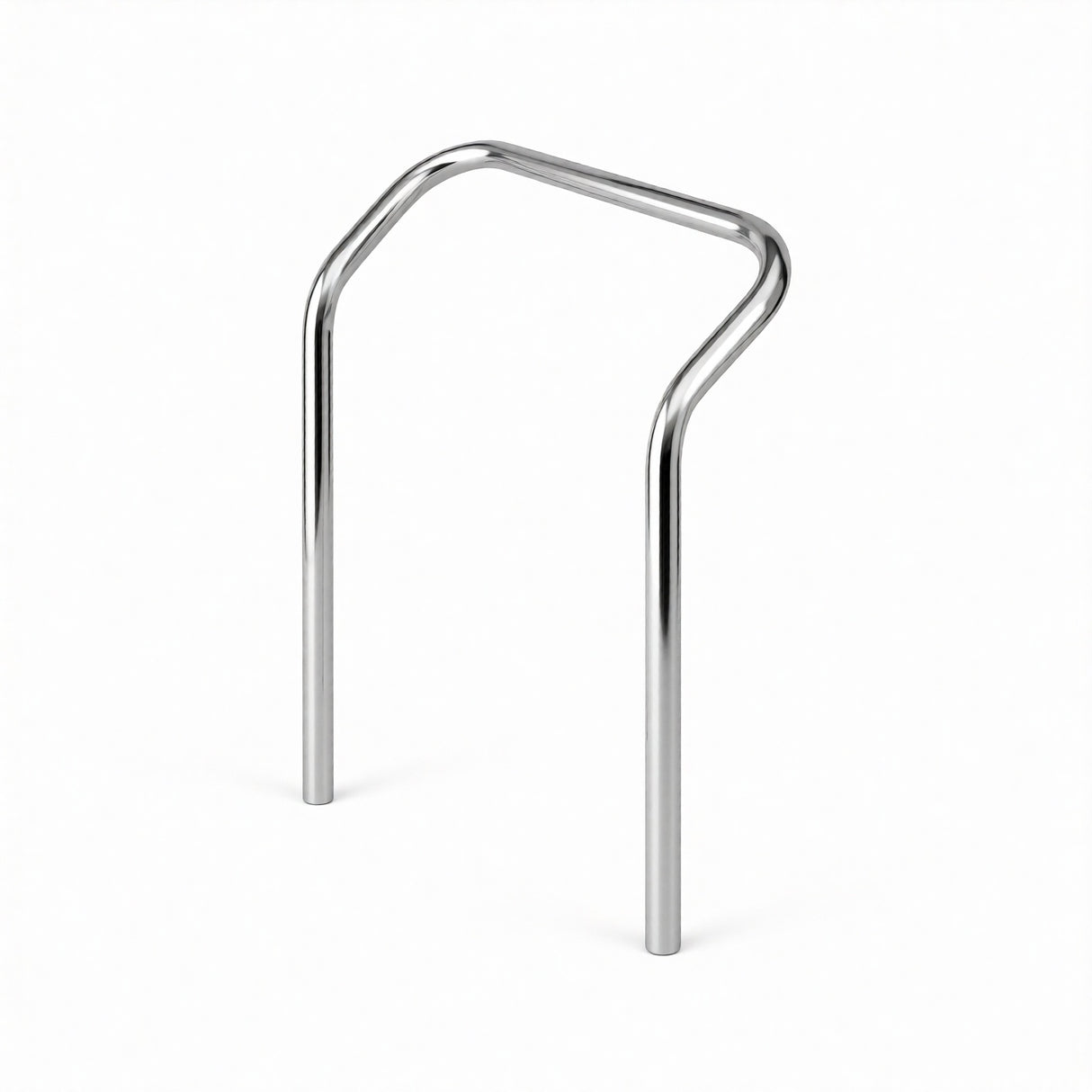 A shiny, silver metal bike rack with two vertical legs and a horizontal top bar is shown against a plain white background. This angular arch-shaped rack doubles as an accessory and handle for Mobile Dunnage Dolly. Made in USA.