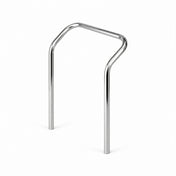 A shiny, silver metal bike rack with two vertical legs and a horizontal top bar is shown against a plain white background. This angular arch-shaped rack doubles as an accessory and handle for Mobile Dunnage Dolly. Made in USA.