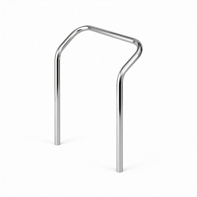 A shiny, silver metal bike rack with two vertical legs and a horizontal top bar is shown against a plain white background. This angular arch-shaped rack doubles as an accessory and handle for Mobile Dunnage Dolly. Made in USA.