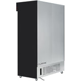 A large, upright, stainless steel commercial refrigerator stands on four small wheels. The front features two vertical doors and a lower vented panel labeled Cyclopentane. A black power cord extends from the base. The left side is solid black with two indicator lights.