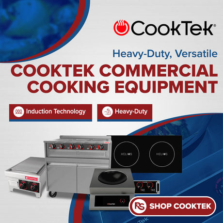 CookTek commercial cooking equipment banner showcasing heavy-duty induction ranges, cooktops, and professional kitchen appliances.