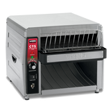 A high capacity stainless steel toaster, this commercial conveyor toaster features a left-side control panel with red and black labels, a green knob, power switch, wire rack on top, and open front slot for easy bread insertion.