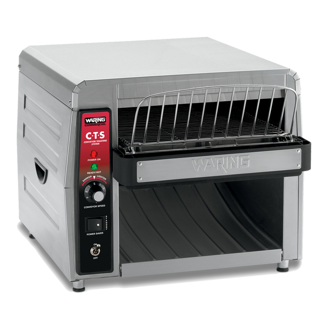 A high capacity stainless steel toaster, this commercial conveyor toaster features a left-side control panel with red and black labels, a green knob, power switch, wire rack on top, and open front slot for easy bread insertion.