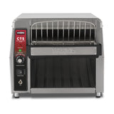 A stainless steel Waring CTS1000AL conveyor toaster with a front loading rack, digital control panel on the left, adjustable conveyor speed knob, power switch, and bottom tray—ideal for international use. Branding and model number are visible.