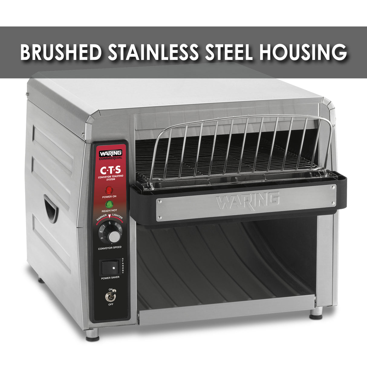 A high capacity toasting Commercial Conveyor Toaster with stainless steel construction. The control panel on the left features buttons, a knob, and indicator lights. The “WARING” branding is visible below the conveyor slot’s wire guard.