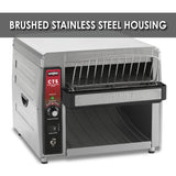 A high capacity toasting Commercial Conveyor Toaster with stainless steel construction. The control panel on the left features buttons, a knob, and indicator lights. The “WARING” branding is visible below the conveyor slot’s wire guard.