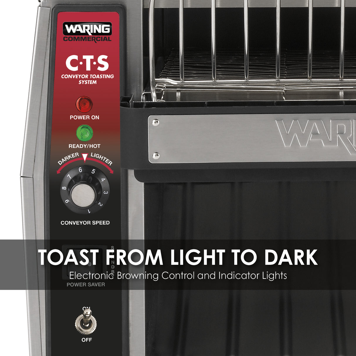 Close-up of a Waring Conveyor Toaster control panel designed for international use. The panel features a power button, “READY/HOT” indicator light, browning control dial, conveyor speed setting, and the Waring brand name.