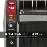 Close-up of a Waring Conveyor Toaster control panel designed for international use. The panel features a power button, “READY/HOT” indicator light, browning control dial, conveyor speed setting, and the Waring brand name.
