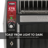 Close-up of the Waring Commercial Conveyor Toaster control panel with dials and indicator lights for toast darkness, conveyor speed, and power. Features electronic browning control, indicator lights, and durable stainless steel construction.