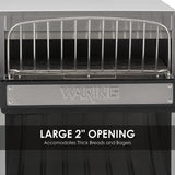 The Waring commercial toaster features a large 2-inch opening, ideal for thick breads and bagels. Its durable metal front panel and spacious slot make it perfect for international use in busy kitchens.