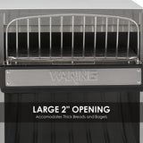 A stainless steel toaster with high capacity toasting and a wide 2-inch opening, suitable for thick breads and bagels. The front features a metal grill and the Waring name embossed below. Text at the bottom reads: LARGE 2 OPENING Accommodates Thick Breads and Bagels.