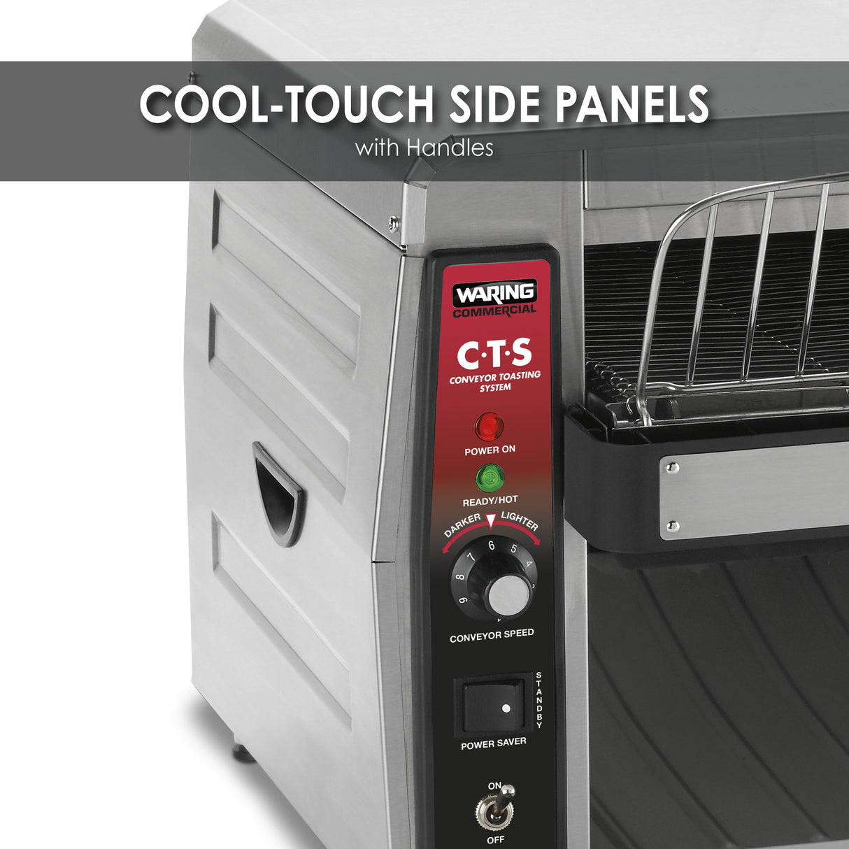 Close-up of a Waring Conveyor Toaster, designed for international use. The stainless steel appliance features cool-touch side panels with handles, a red control panel with power and speed dials, and a visible metal conveyor rack. Text overlay highlights cool-touch panels.