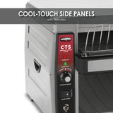 Close-up of a Waring Commercial Conveyor Toaster system featuring high capacity toasting and a control panel for power and temperature. Its stainless steel construction includes COOL-TOUCH SIDE PANELS with handles and a metal bread rack.