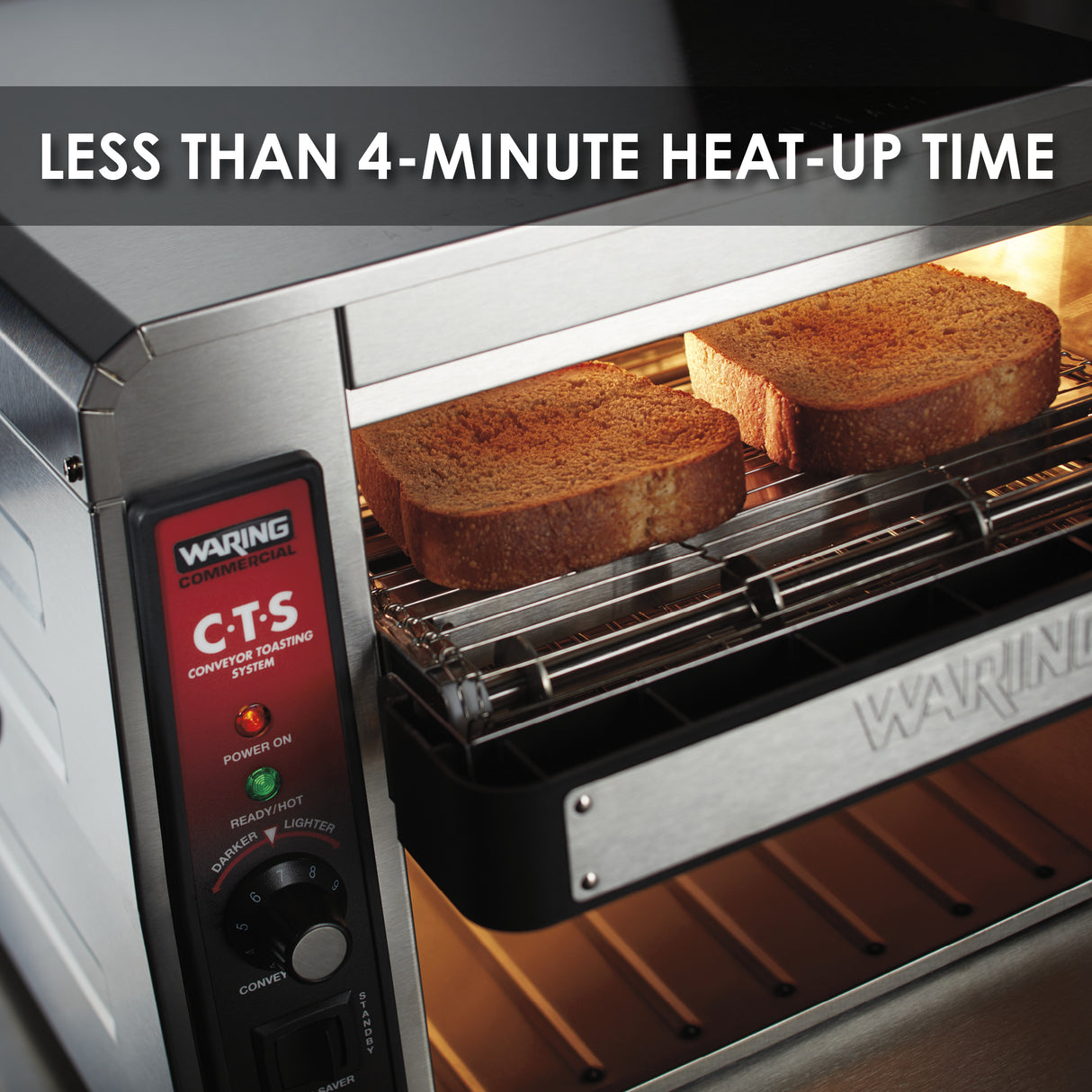 A stainless steel toaster oven with two slices of bread toasting inside, featuring visible dials and indicator lights. Ideal for high volume toaster needs, it boasts LESS THAN 4-MINUTE HEAT-UP TIME. Warm light glows from the interior.