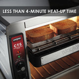 A stainless steel toaster oven with two slices of bread toasting inside, featuring visible dials and indicator lights. Ideal for high volume toaster needs, it boasts LESS THAN 4-MINUTE HEAT-UP TIME. Warm light glows from the interior.