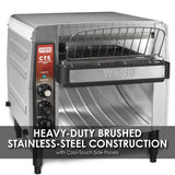 A stainless steel toaster designed for high-volume use, this commercial conveyor toaster features visible heating elements, a left-side control panel, and cool-touch side panels. Text overlay reads: “Heavy-duty brushed stainless-steel construction.”.