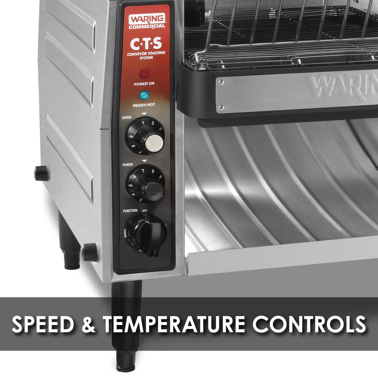 A close-up of a Waring Commercial Conveyor Toaster shows control knobs labeled for power, ready/hot modes, and conveyor speed. This stainless steel toaster features black and red accents, perfect for high volume toaster needs. Text reads: SPEED & TEMPERATURE CONTROLS.