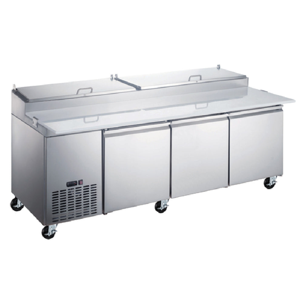 Omcan 50044 (PT-CN-2337-HC) Refrigerated Pizza Prep Table Three-section Side Mount Self-contained Refrigeration