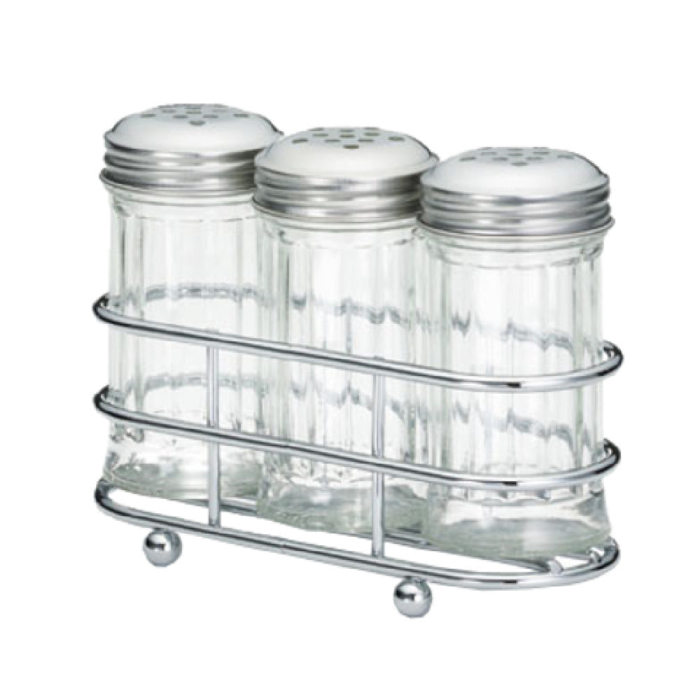 TableCraft Products 659N - Condiment Dispenser Set, Includes (3) 2 Oz. Fluted Glass Shakers & (1) Chrome Plated Rack