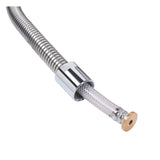 A flexible metal hose with a shiny, coiled exterior, partially unscrewed to reveal an inner layer of braided, transparent plastic tubing and a brass connector at the end—ideal for wall mount or pre-rinse assembly—set against a plain white background.