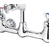 Close-up of a shiny chrome wall mount faucet with two handles; the left has a red marker for hot water, and the right has a blue marker for cold. This sturdy, industrial add-on faucet is perfect for demanding environments.