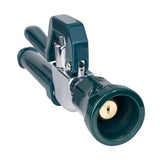 A green and silver garden hose nozzle with a trigger handle is shown on a white background. The nozzle, ideal for attachment to an add-on faucet, has a brass spray tip and a sturdy plastic body for watering or cleaning tasks.