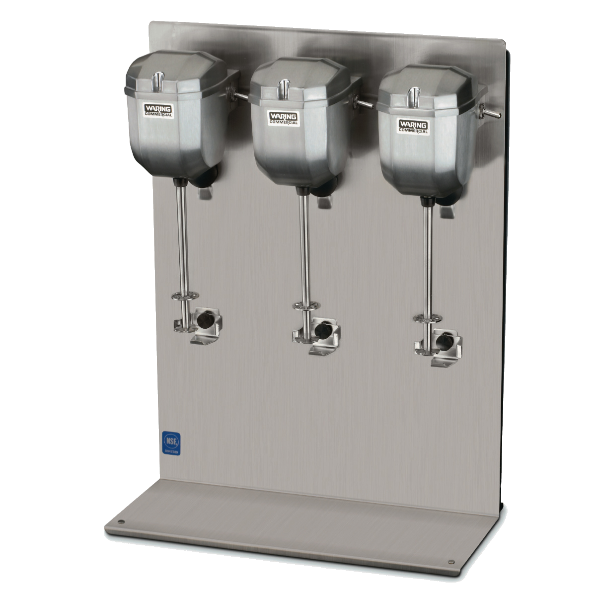 A sleek, industrial stainless steel countertop machine featuring triple spindle drink mixers with three mounted silver dispensers labeled Waring Commercial—each with a metal mixing rod and start/stop lever for making drinks or milkshakes.
