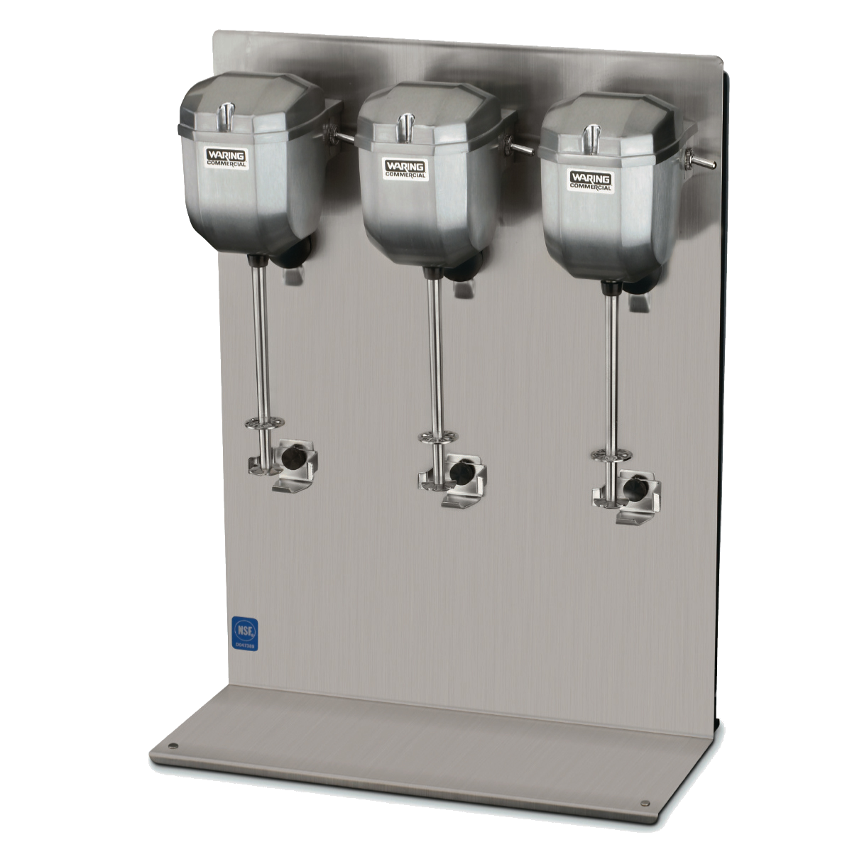 A stainless steel triple spindle drink mixer with three large mixing heads, each with a spindle and beater, mounted on a vertical metal backing plate. The countertop base is flat and polished. The Waring Commercial brand name is visible.