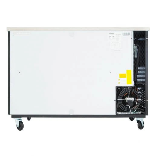 A white Empura Refrigeration back bar cooler on four caster wheels, shown from the back. The mostly solid panel exposes a black cooling fan, motor, and coiled tubing, plus yellow labels and a white sticker.