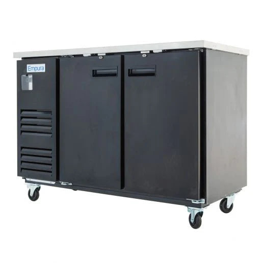 A black, two-door back bar cooler with a stainless steel top, ventilation panel on the left, and four caster wheels for mobility. The Empura Refrigeration label is visible on the upper left front corner. The unit is industrial and rectangular.