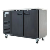 A black, two-door back bar cooler with a stainless steel top, ventilation panel on the left, and four caster wheels for mobility. The Empura Refrigeration label is visible on the upper left front corner. The unit is industrial and rectangular.