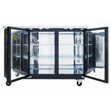 A commercial Empura Refrigeration stainless steel double-door refrigerator with glass panels stands on four caster wheels, its clean, reflective interior featuring empty wire shelves—ideal as a durable back bar cooler for any establishment.