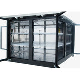A large, rectangular glass display case with double swinging doors on both sides. Featuring stainless steel shelves and a reflective interior, this Empura Refrigeration unit is perfect for showcasing or storing food or merchandise in commercial settings.