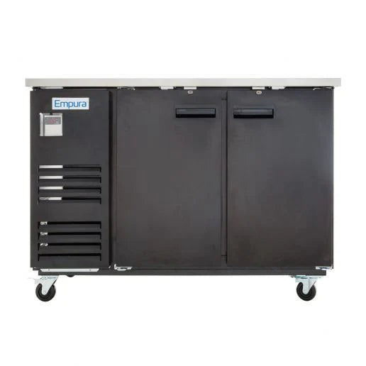 A black Empura Refrigeration back bar cooler with two doors and a stainless steel top sits on caster wheels. The left side features ventilation grilles, a small digital display, and an Empura label; the right side has two storage handles.