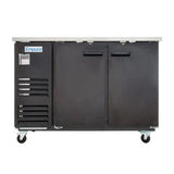 A black Empura Refrigeration back bar cooler with two doors and a stainless steel top sits on caster wheels. The left side features ventilation grilles, a small digital display, and an Empura label; the right side has two storage handles.