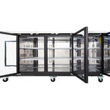 A large commercial Empura Refrigeration stainless steel refrigerator with four glass doors, all open to reveal empty metal shelves. The refrigerator stands on wheels for mobility, reflecting light across its clean, shiny interior surfaces.