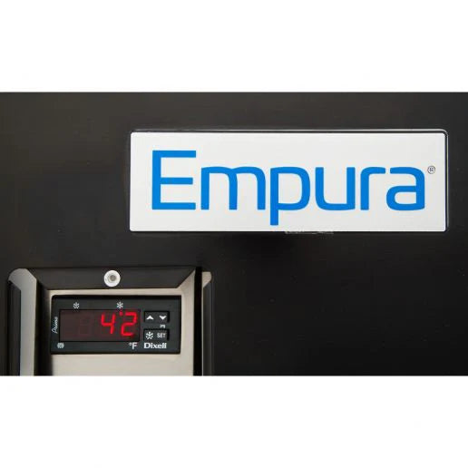 A digital control panel displays “42” in red numbers below an "Empura" logo on a white background. This Empura Refrigeration unit, likely a stainless steel Back Bar Cooler, is mounted on a black surface in the bottom left corner of the image.