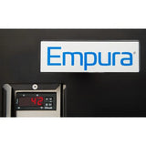 A digital control panel displays “42” in red numbers below an "Empura" logo on a white background. This Empura Refrigeration unit, likely a stainless steel Back Bar Cooler, is mounted on a black surface in the bottom left corner of the image.