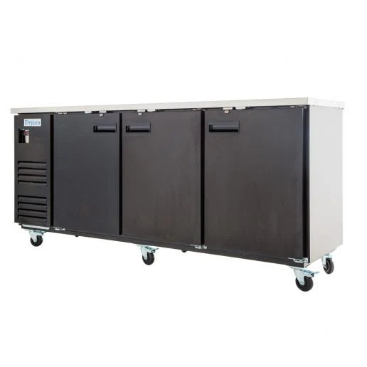 The Empura Refrigeration black metal undercounter refrigerator features three doors with handles, a stainless steel top, and six caster wheels. This sleek Back Bar Cooler has left-side ventilation grills and offers a durable, industrial design.