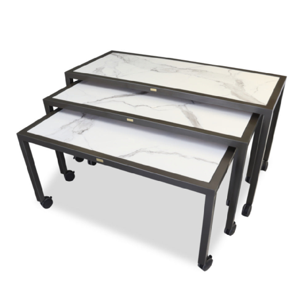 Forbes Industries 7408HD Claremont Three Nesting Tables (Elite-Heavy Duty) Three Tables (one Large Rectangle Table: 72” X 30" X 40.25” One Medium Rectangle Table: 66” X 30 X 36.5” And One Small Table: 60” X 30" X 32.5"). Brushed Stainless St