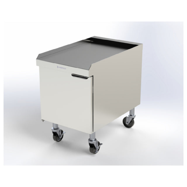 Merco CMC18 Merco CrispyMax Cart For Single (MCG1027) Or Double (MCG1827) Lane CrispyMax (not Included). Single Left Swing Hinged Door With Magnetic Closure. One Removable Interior Shelf. Four Swivel Casters
