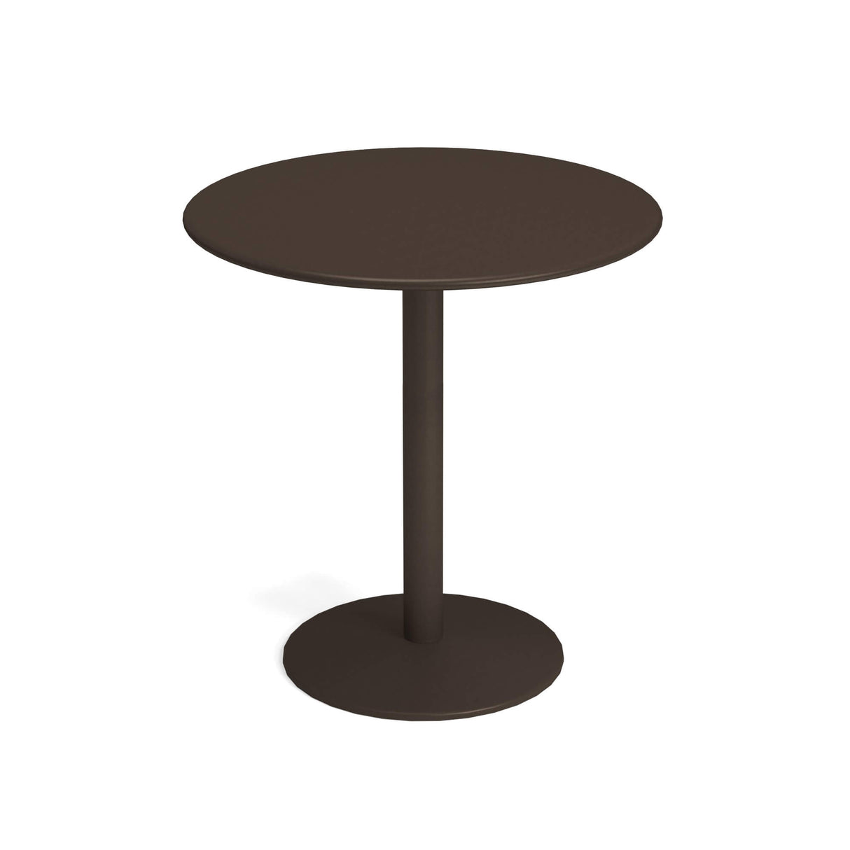 A simple, round, dark brown bistro bar table with a smooth top. It features a steel pedestal base and a flat, circular foot, all in matching dark brown. Perfect as an outdoor/indoor table, photographed against a plain white background.